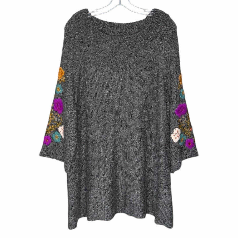 Soft Surroundings Women 1X Carolina Floral Embroidered Sweater Bell Sleeve Grey